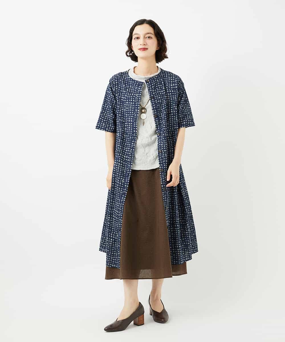 NHEJB11390 GIANNI LO GIUDICE(小さいサイズ)(メゾン ドゥ サンク) [日本製]ミラクルウェーブブロックプリントワンピース ネイビー系
