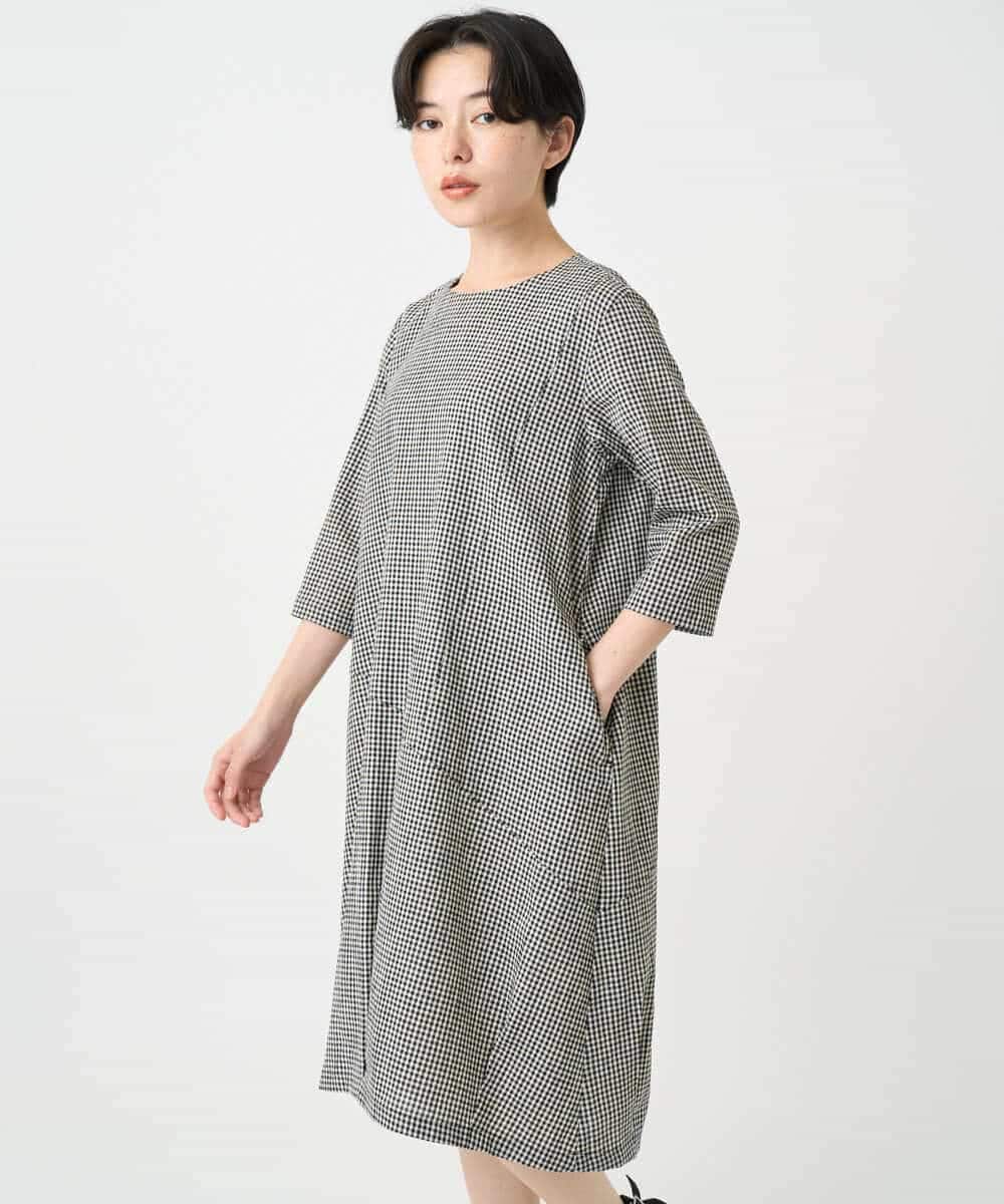 NHEJC90330 GIANNI LO GIUDICE(小さいサイズ)(メゾン ドゥ サンク) コットンリネンコクーンラインワンピース ギンガムチェック
