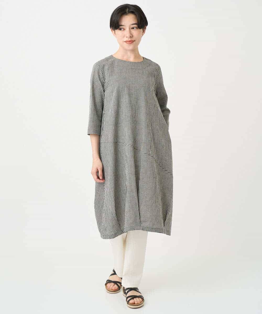 NHEJC90330 GIANNI LO GIUDICE(小さいサイズ)(メゾン ドゥ サンク) コットンリネンコクーンラインワンピース ギンガムチェック
