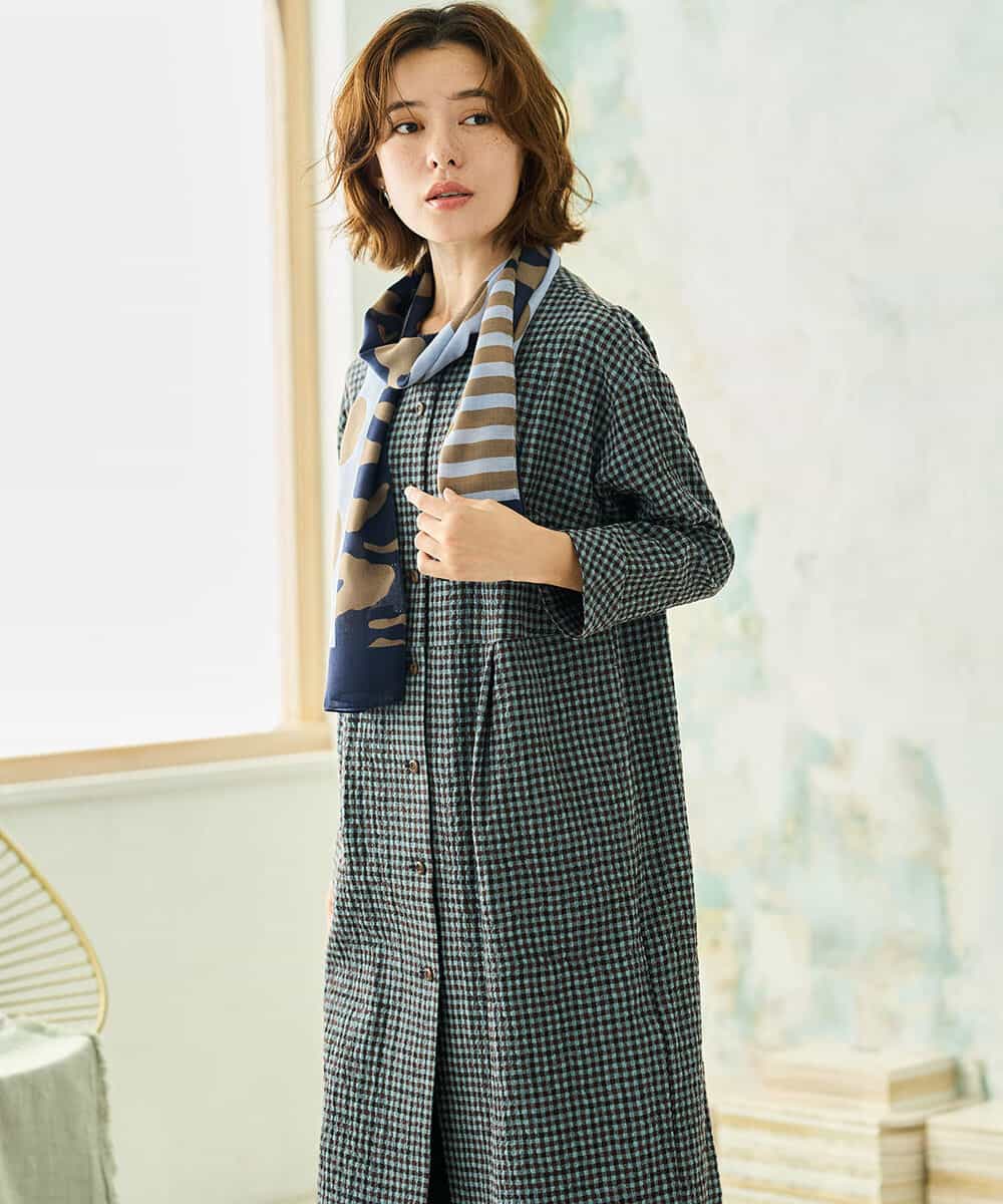 NHEJD19390 GIANNI LO GIUDICE(小さいサイズ)(メゾン ドゥ サンク) [日本製]コットンウールギンガムチェックシャツワンピース ブルー