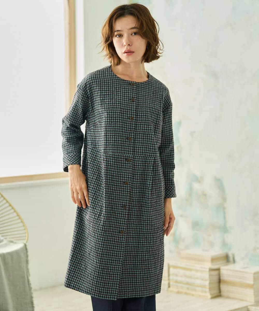 NHEJD19390 GIANNI LO GIUDICE(小さいサイズ)(メゾン ドゥ サンク) [日本製]コットンウールギンガムチェックシャツワンピース ブルー