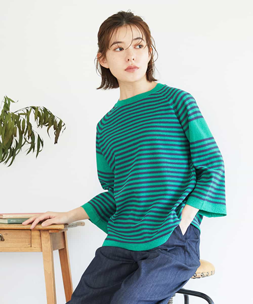 NHFGE40230 GIANNI LO GIUDICE(小さいサイズ)(メゾン ドゥ サンク) ペーパーヤーンボーダーニット グリーン