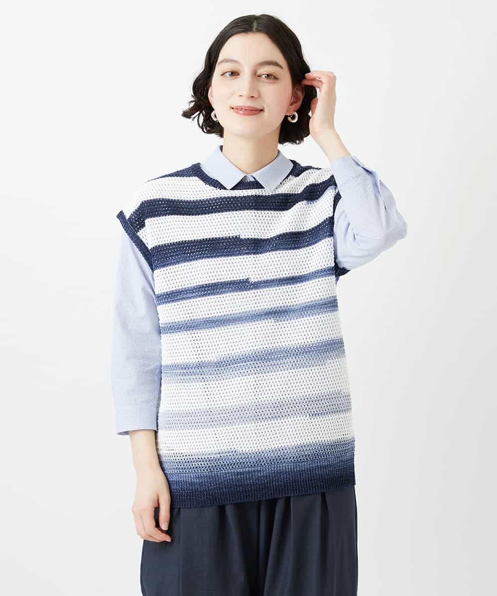 NHFGF40230 GIANNI LO GIUDICE(小さいサイズ)(メゾン ドゥ サンク) カスリボーダーニットベスト ネイビー