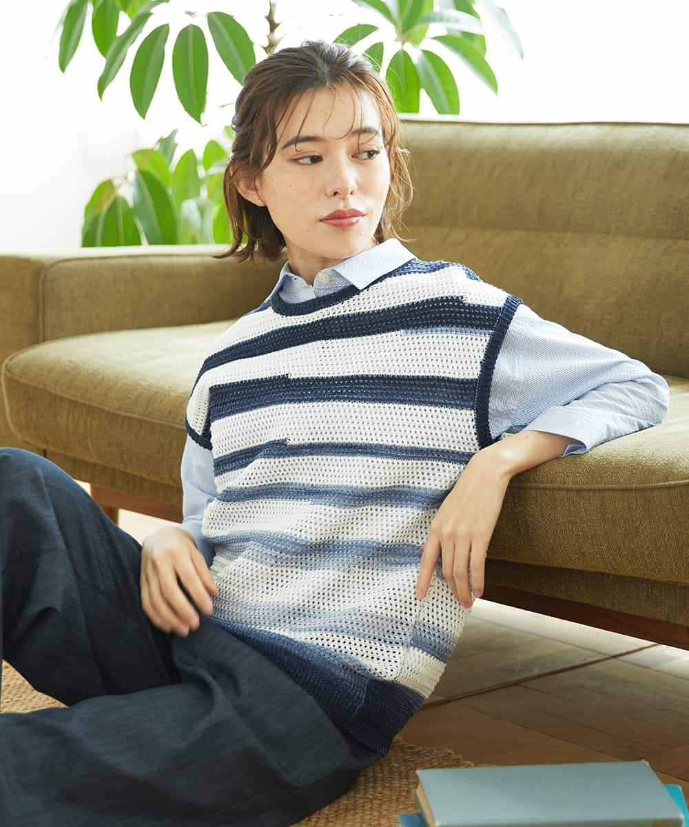 NHFGF40230 GIANNI LO GIUDICE(小さいサイズ)(メゾン ドゥ サンク) カスリボーダーニットベスト ネイビー