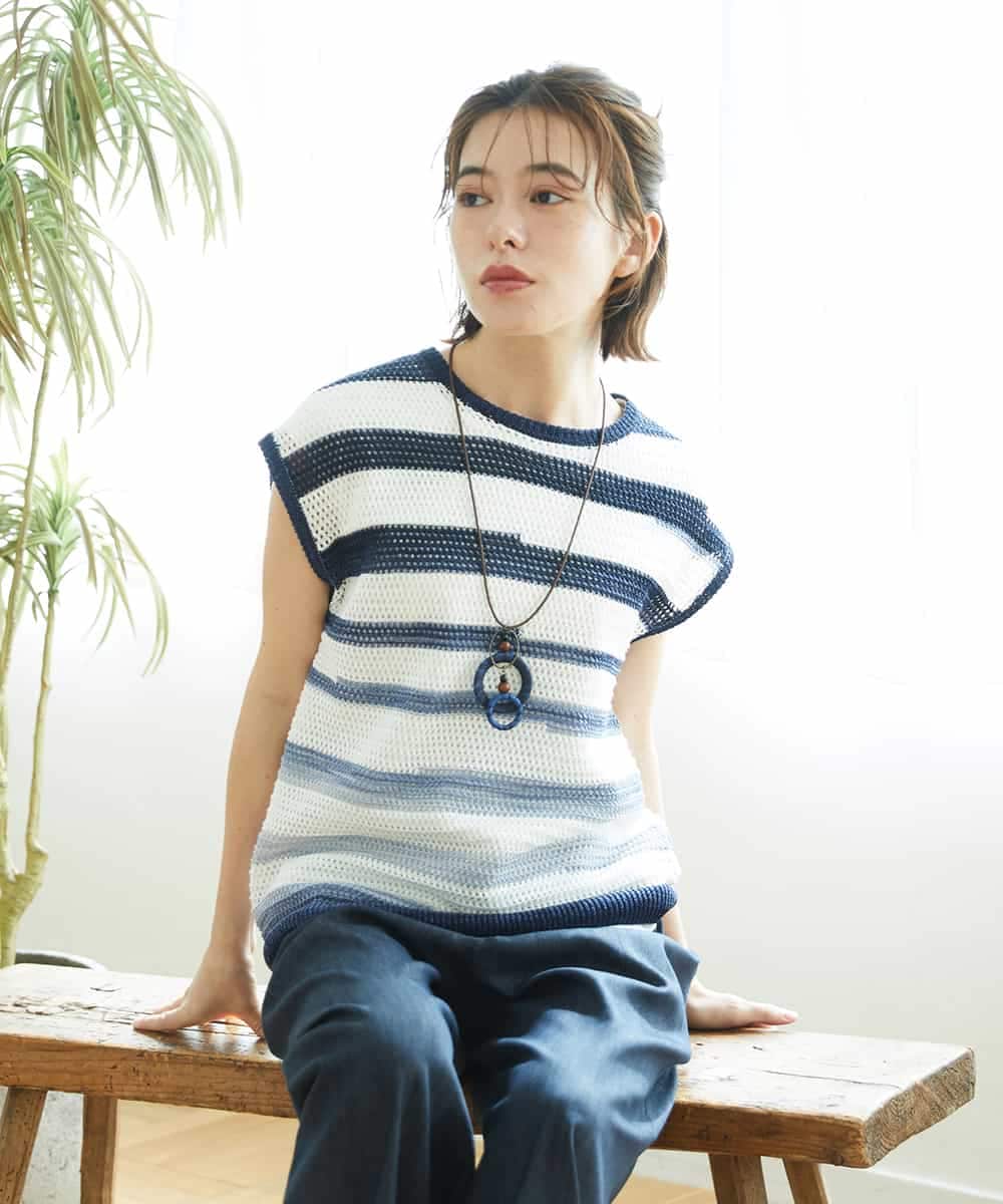 NHFGF40230 GIANNI LO GIUDICE(小さいサイズ)(メゾン ドゥ サンク) カスリボーダーニットベスト ネイビー