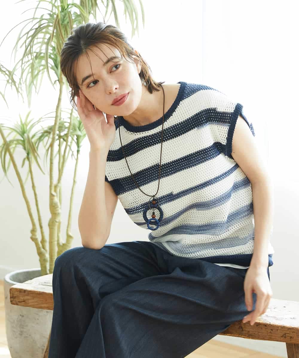 NHFGF40230 GIANNI LO GIUDICE(小さいサイズ)(メゾン ドゥ サンク) カスリボーダーニットベスト ネイビー