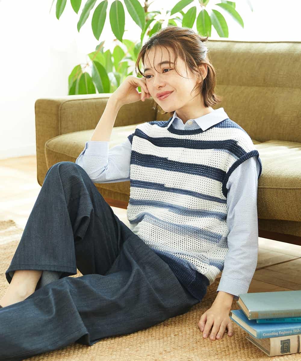 NHFGF40230 GIANNI LO GIUDICE(小さいサイズ)(メゾン ドゥ サンク) カスリボーダーニットベスト ネイビー