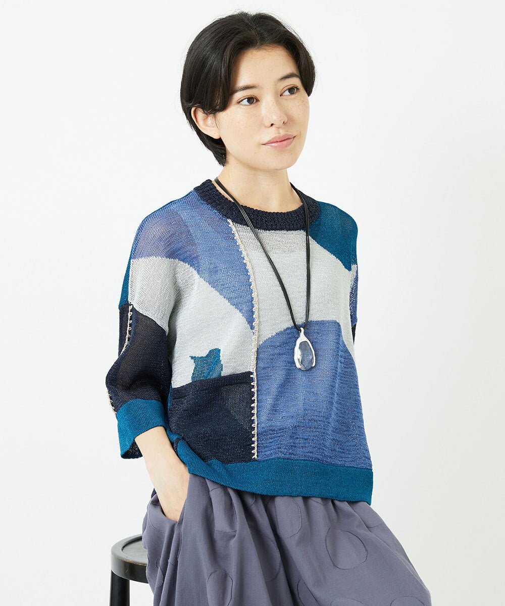 NHFHA10260 GIANNI LO GIUDICE(小さいサイズ)(メゾン ドゥ サンク) 透かし柄インターシャプルオーバーニット カーキ系