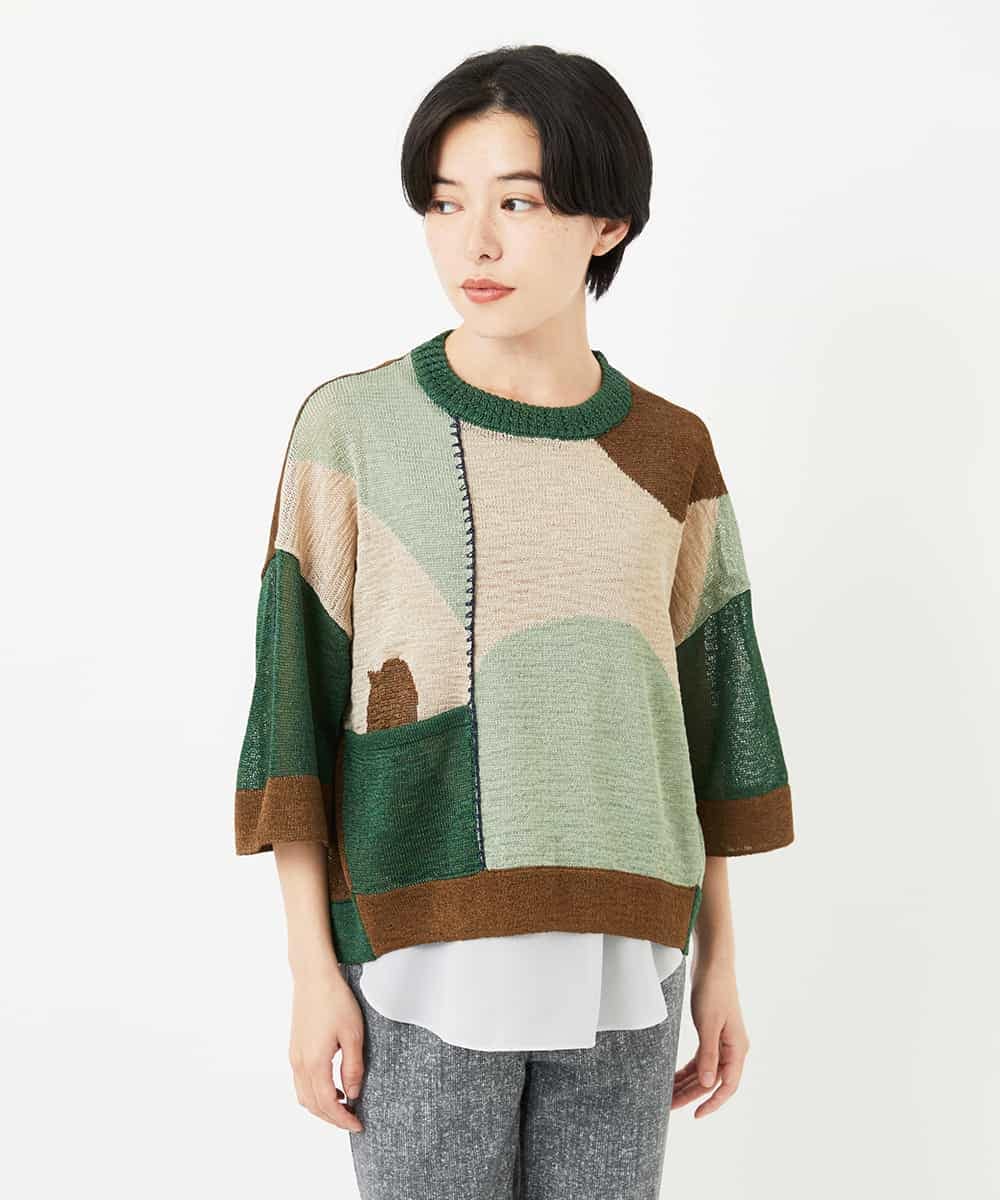 NHFHA10260 GIANNI LO GIUDICE(小さいサイズ)(メゾン ドゥ サンク) 透かし柄インターシャプルオーバーニット カーキ系