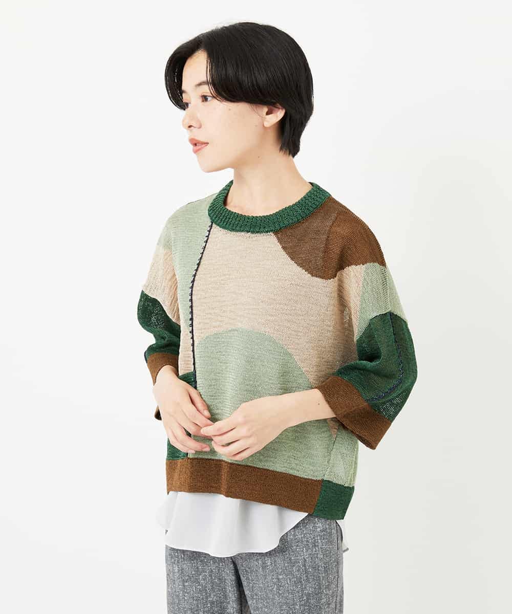 NHFHA10260 GIANNI LO GIUDICE(小さいサイズ)(メゾン ドゥ サンク) 透かし柄インターシャプルオーバーニット カーキ系