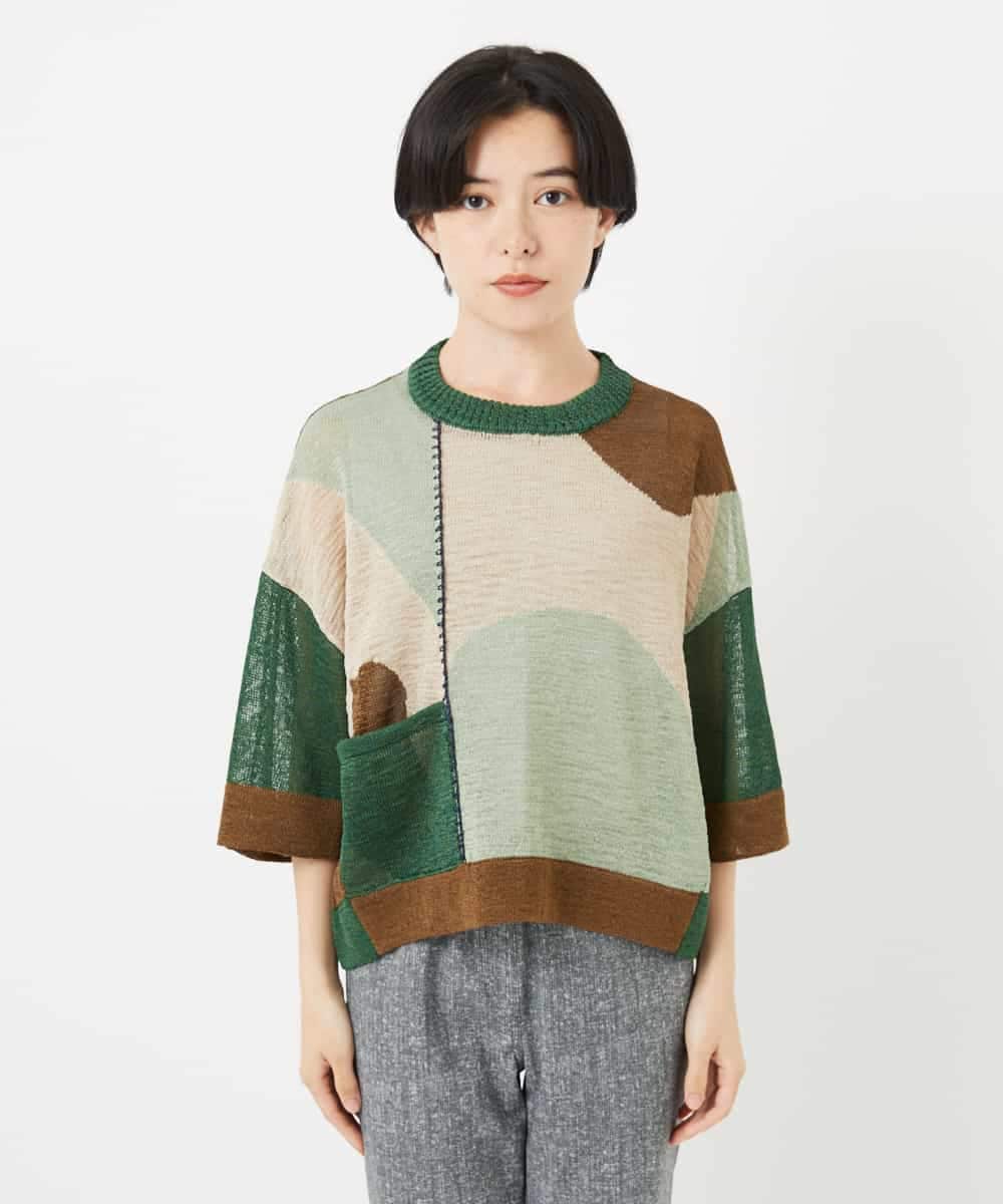 NHFHA10260 GIANNI LO GIUDICE(小さいサイズ)(メゾン ドゥ サンク) 透かし柄インターシャプルオーバーニット カーキ系