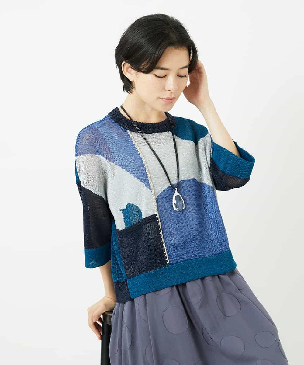 NHFHA10260 GIANNI LO GIUDICE(小さいサイズ)(メゾン ドゥ サンク) 透かし柄インターシャプルオーバーニット カーキ系