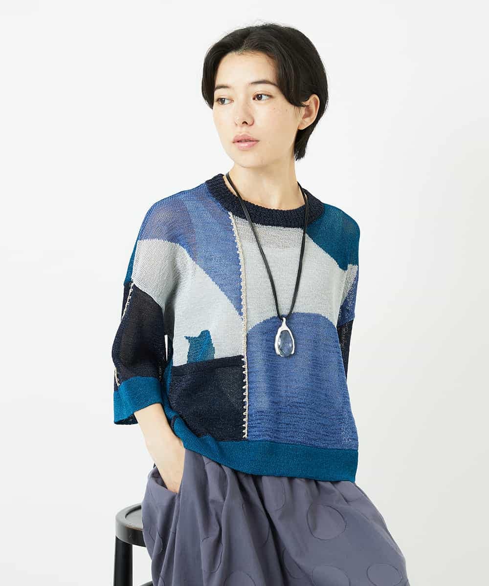 NHFHA10260 GIANNI LO GIUDICE(小さいサイズ)(メゾン ドゥ サンク) 透かし柄インターシャプルオーバーニット カーキ系