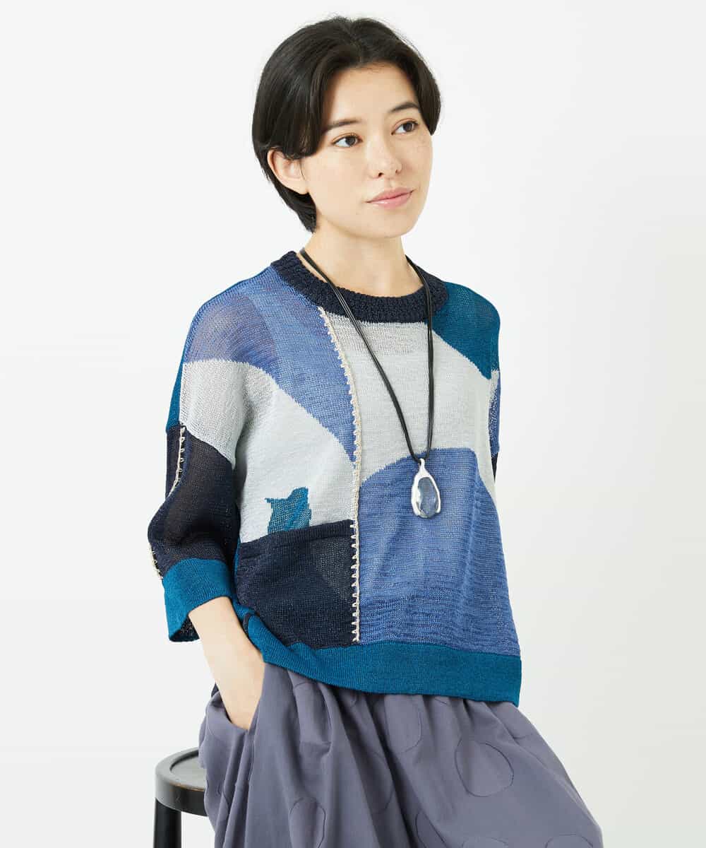 NHFHA10260 GIANNI LO GIUDICE(小さいサイズ)(メゾン ドゥ サンク) 透かし柄インターシャプルオーバーニット カーキ系
