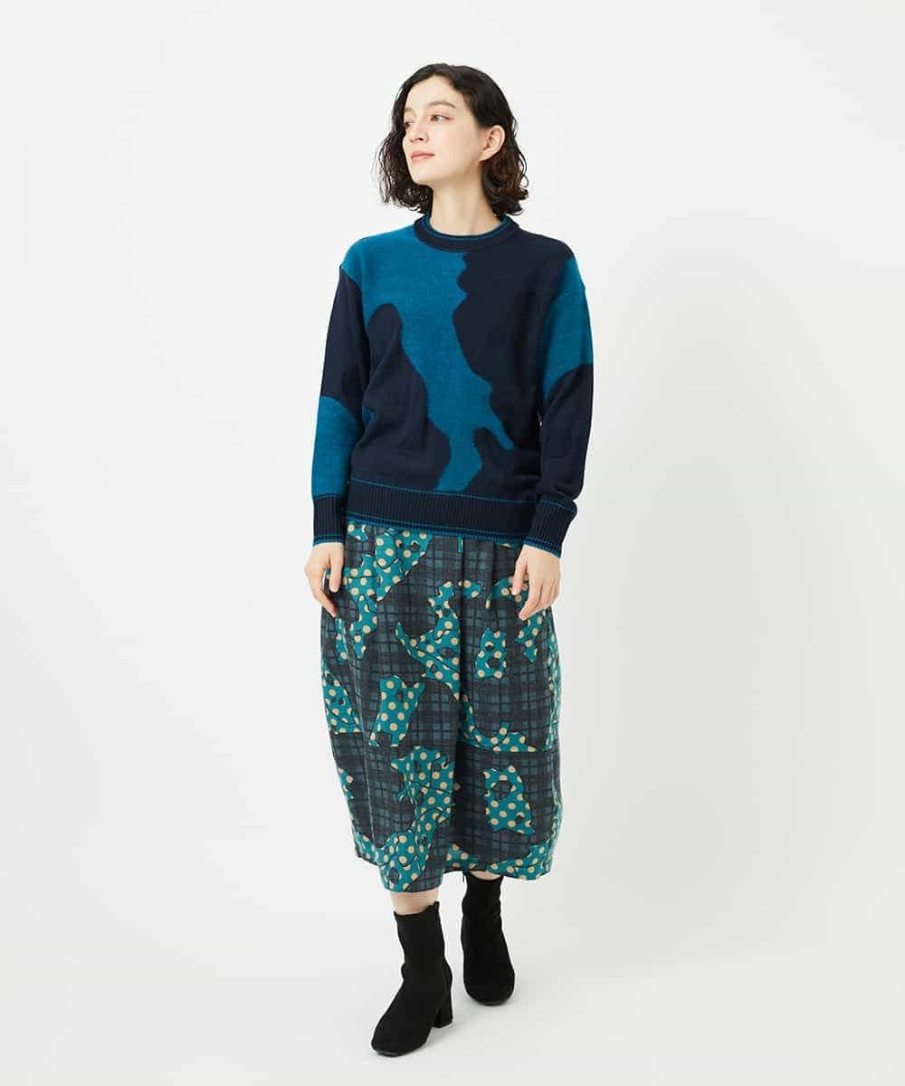 NHHAE11360 GIANNI LO GIUDICE(小さいサイズ)(メゾン ドゥ サンク) [日本製]ウール混ビエライタリアプリントスカート ブルー系