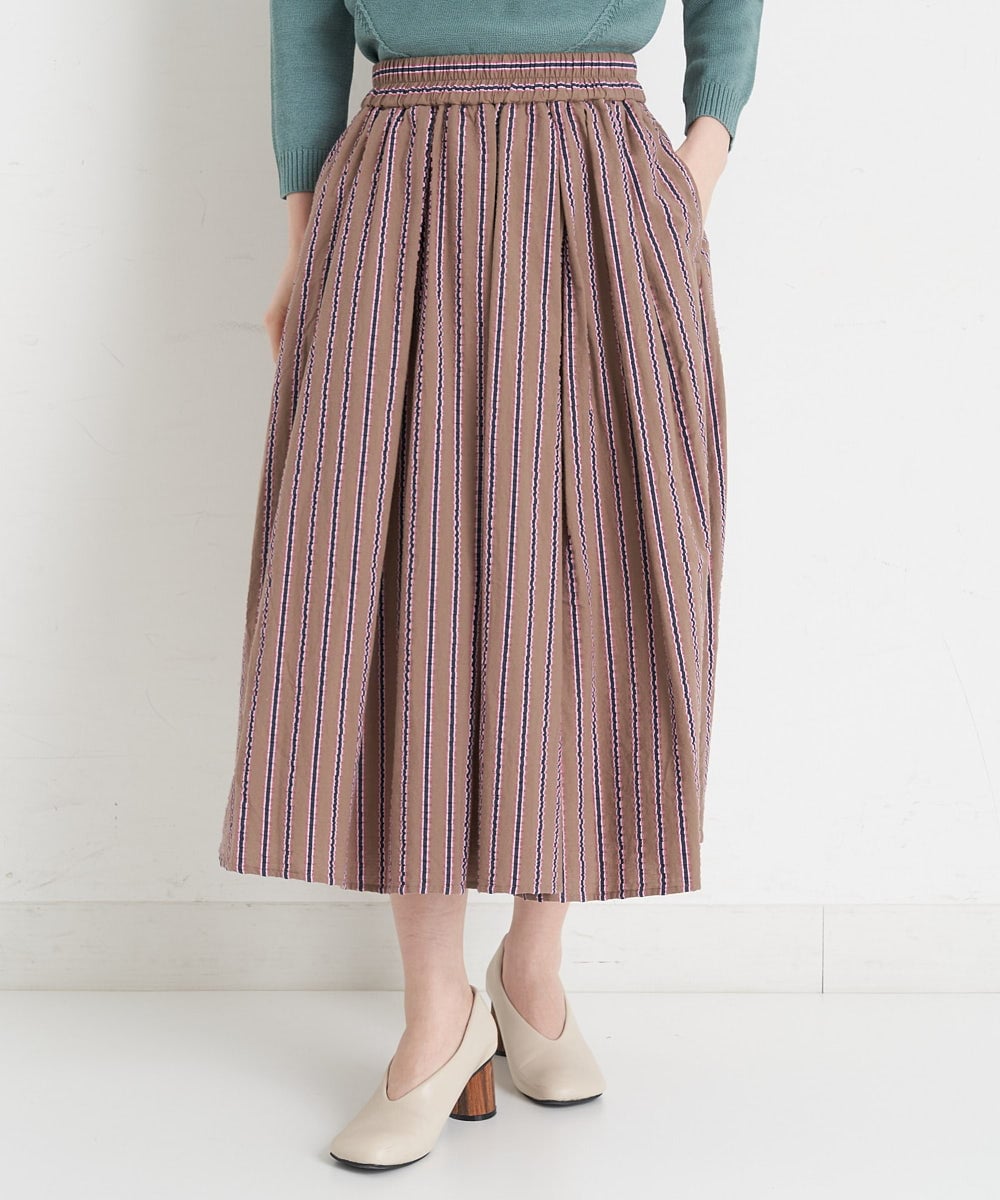 NHHET13360 GIANNI LO GIUDICE(小さいサイズ)(メゾン ドゥ サンク) [セットアップ対応]ピンキーストライプタックスカート モカブラウン×ピンク系