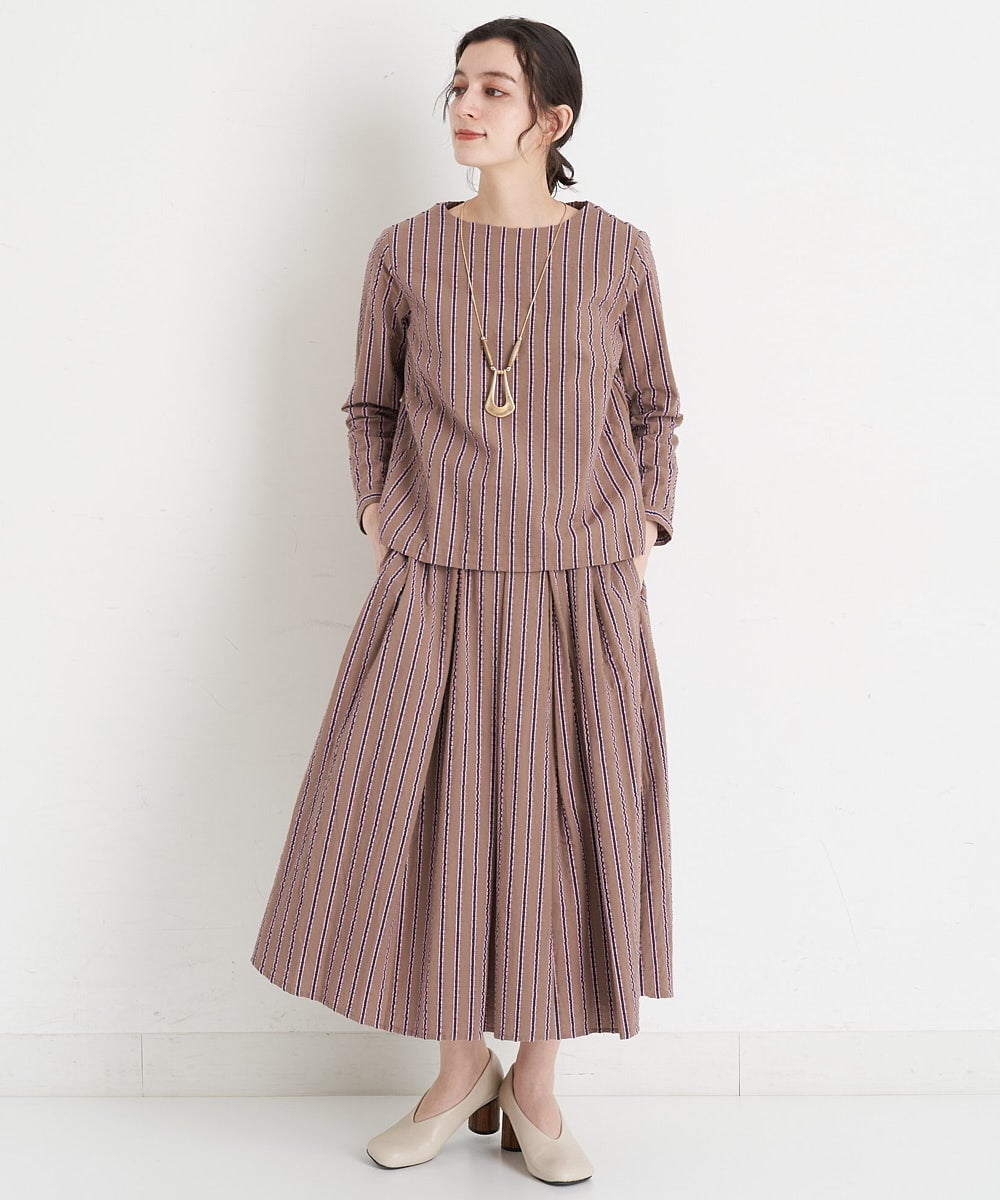 NHHET13360 GIANNI LO GIUDICE(小さいサイズ)(メゾン ドゥ サンク) [セットアップ対応]ピンキーストライプタックスカート モカブラウン×ピンク系