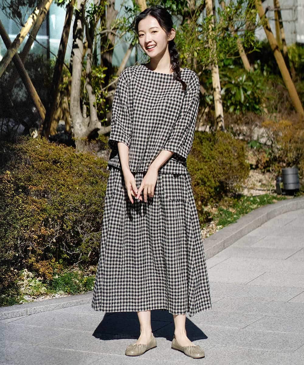 NHHGE42360 GIANNI LO GIUDICE(小さいサイズ)(メゾン ドゥ サンク) リネンコットンギンガムチェックスカート ブラック