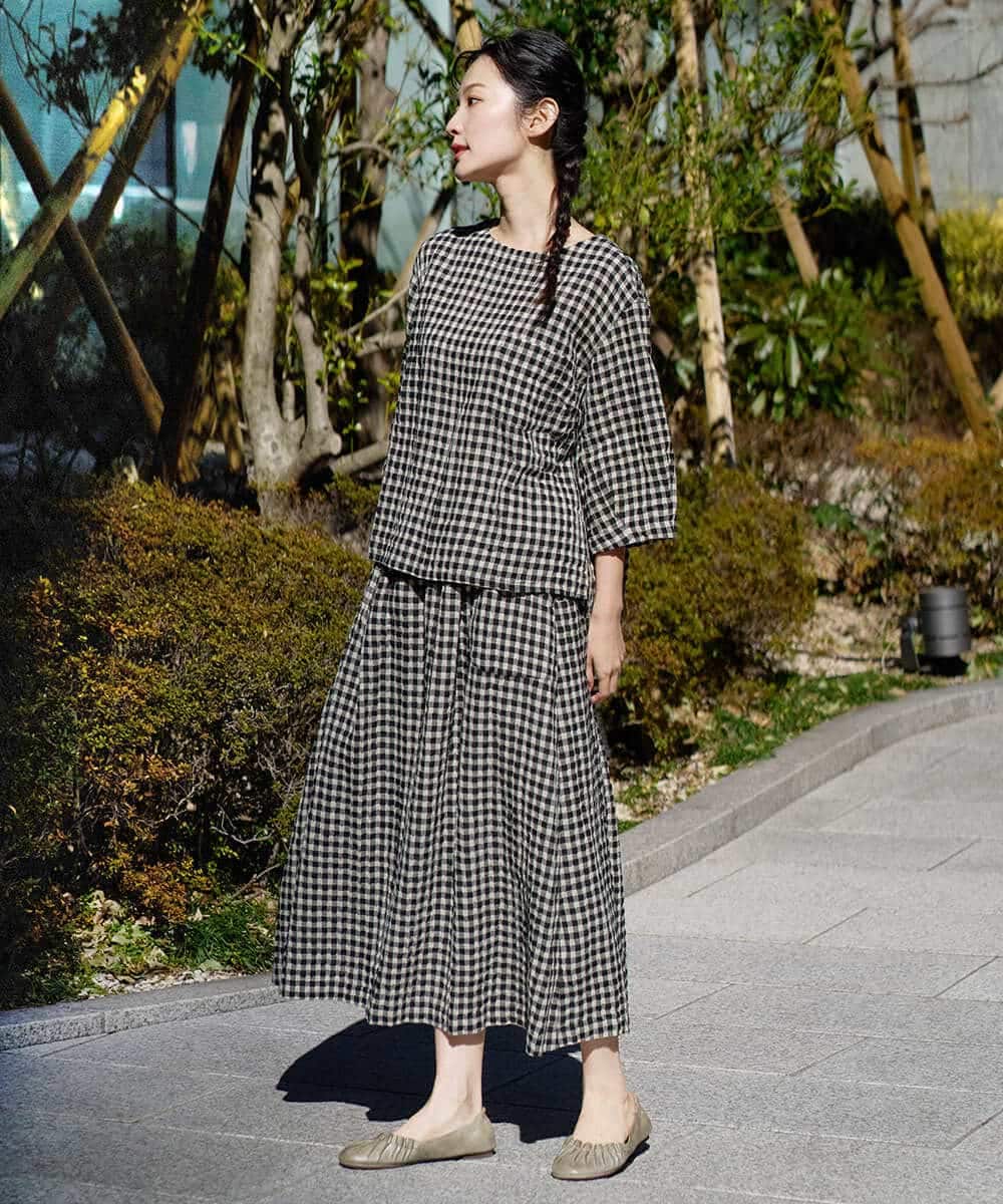 NHHGE42360 GIANNI LO GIUDICE(小さいサイズ)(メゾン ドゥ サンク) リネンコットンギンガムチェックスカート ブラック