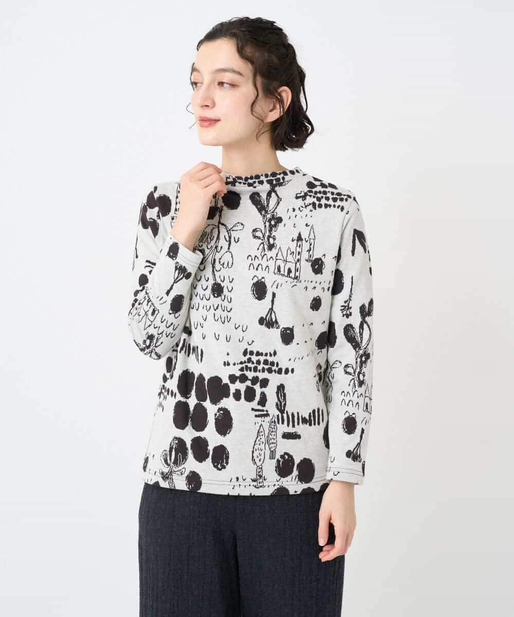 NHKAE12210 GIANNI LO GIUDICE(小さいサイズ)(メゾン ドゥ サンク) [日本製]幾何柄両面選針カットソー ライトグレー