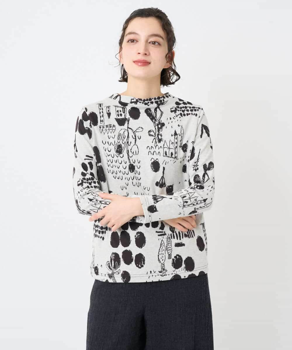 NHKAE12210 GIANNI LO GIUDICE(小さいサイズ)(メゾン ドゥ サンク) [日本製]幾何柄両面選針カットソー ライトグレー