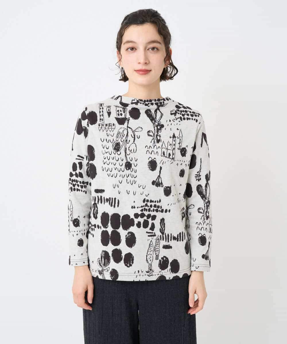 NHKAE12210 GIANNI LO GIUDICE(小さいサイズ)(メゾン ドゥ サンク) [日本製]幾何柄両面選針カットソー ライトグレー