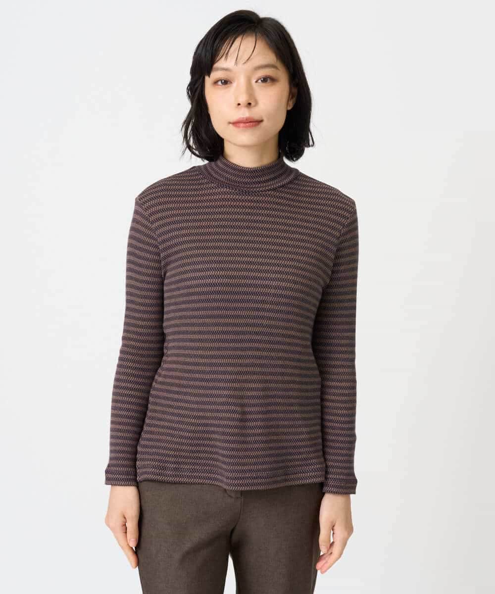 NHKAI87090 GIANNI LO GIUDICE(小さいサイズ)(メゾン ドゥ サンク) エアーコットン幾何ボーダー柄ハイネックカットソー ブラウン