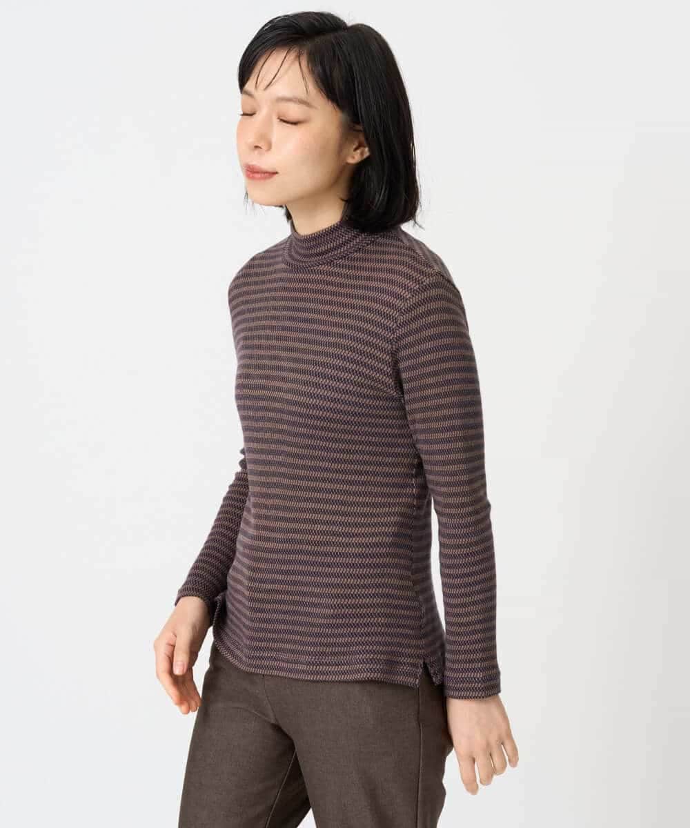 NHKAI87090 GIANNI LO GIUDICE(小さいサイズ)(メゾン ドゥ サンク) エアーコットン幾何ボーダー柄ハイネックカットソー ブラウン