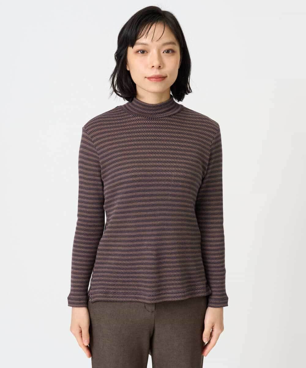 NHKAI87090 GIANNI LO GIUDICE(小さいサイズ)(メゾン ドゥ サンク) エアーコットン幾何ボーダー柄ハイネックカットソー ブラウン