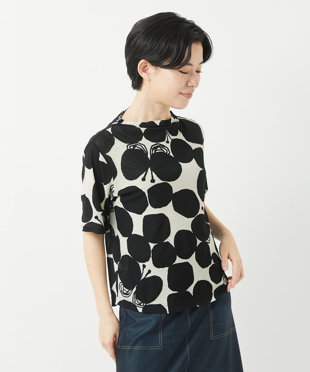 NHKGA26230 GIANNI LO GIUDICE(小さいサイズ)(メゾン ドゥ サンク) [日本製]コットンガーゼフライスドットバタフライカットソー ブラック☓ホワイト