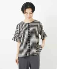 NHKGA31250 GIANNI LO GIUDICE(小さいサイズ)(メゾン ドゥ サンク) [日本製]レースデザインボーダーカットソー ベージュ×ブラック