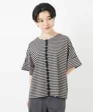 NHKGA31250 GIANNI LO GIUDICE(小さいサイズ)(メゾン ドゥ サンク) [日本製]レースデザインボーダーカットソー ベージュ×ブラック