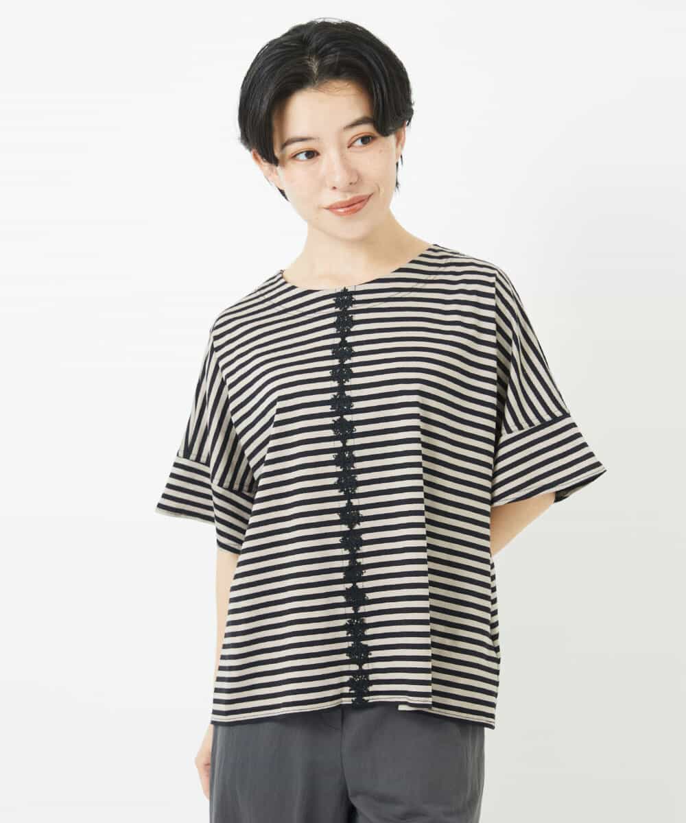 NHKGA31250 GIANNI LO GIUDICE(小さいサイズ)(メゾン ドゥ サンク) [日本製]レースデザインボーダーカットソー ベージュ×ブラック