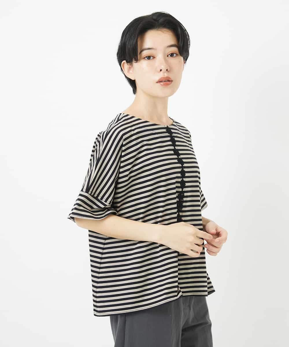 NHKGA31250 GIANNI LO GIUDICE(小さいサイズ)(メゾン ドゥ サンク) [日本製]レースデザインボーダーカットソー ベージュ×ブラック