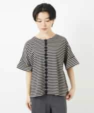 NHKGA31250 GIANNI LO GIUDICE(小さいサイズ)(メゾン ドゥ サンク) [日本製]レースデザインボーダーカットソー ベージュ×ブラック