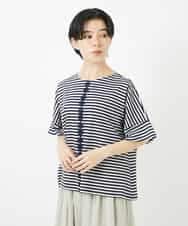 NHKGA31250 GIANNI LO GIUDICE(小さいサイズ)(メゾン ドゥ サンク) [日本製]レースデザインボーダーカットソー ベージュ×ブラック