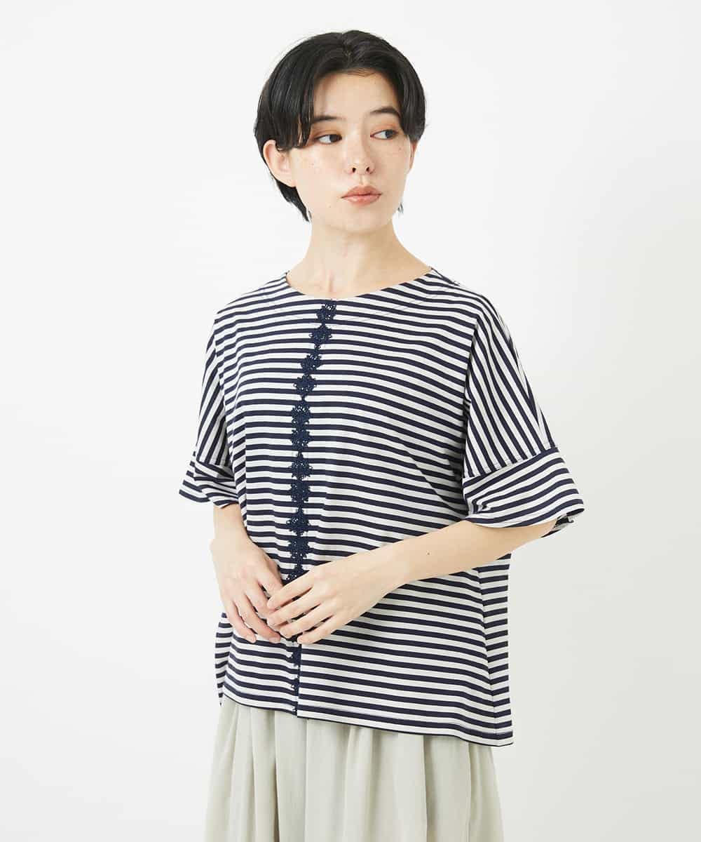 NHKGA31250 GIANNI LO GIUDICE(小さいサイズ)(メゾン ドゥ サンク) [日本製]レースデザインボーダーカットソー ベージュ×ブラック
