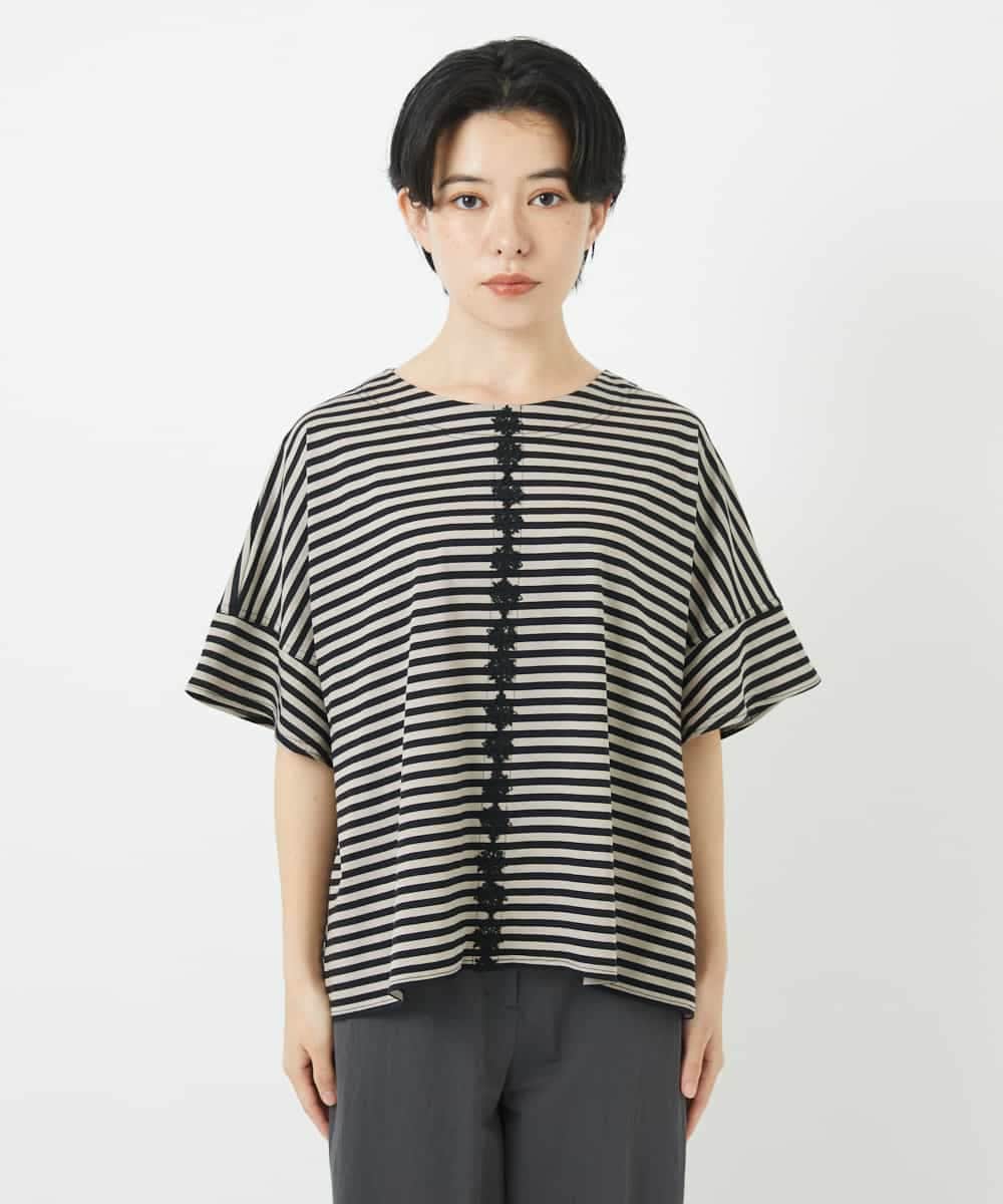 NHKGA31250 GIANNI LO GIUDICE(小さいサイズ)(メゾン ドゥ サンク) [日本製]レースデザインボーダーカットソー ベージュ×ブラック