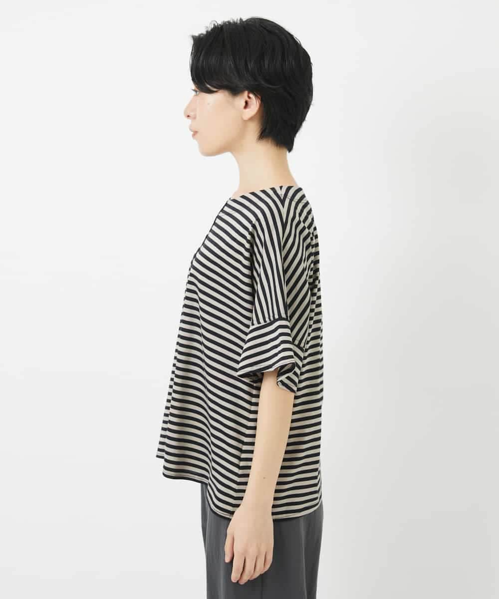NHKGA31250 GIANNI LO GIUDICE(小さいサイズ)(メゾン ドゥ サンク) [日本製]レースデザインボーダーカットソー ベージュ×ブラック