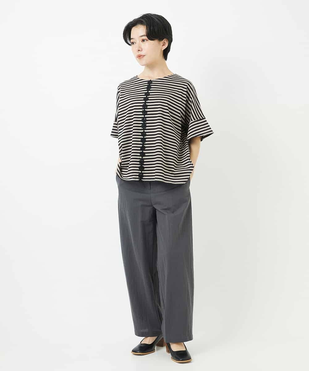 NHKGA31250 GIANNI LO GIUDICE(小さいサイズ)(メゾン ドゥ サンク) [日本製]レースデザインボーダーカットソー ベージュ×ブラック