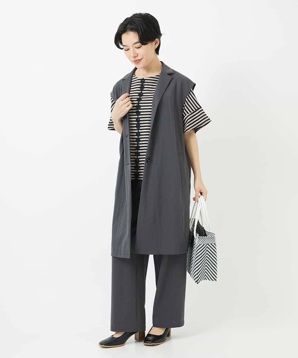 NHKGA31250 GIANNI LO GIUDICE(小さいサイズ)(メゾン ドゥ サンク) [日本製]レースデザインボーダーカットソー ベージュ×ブラック