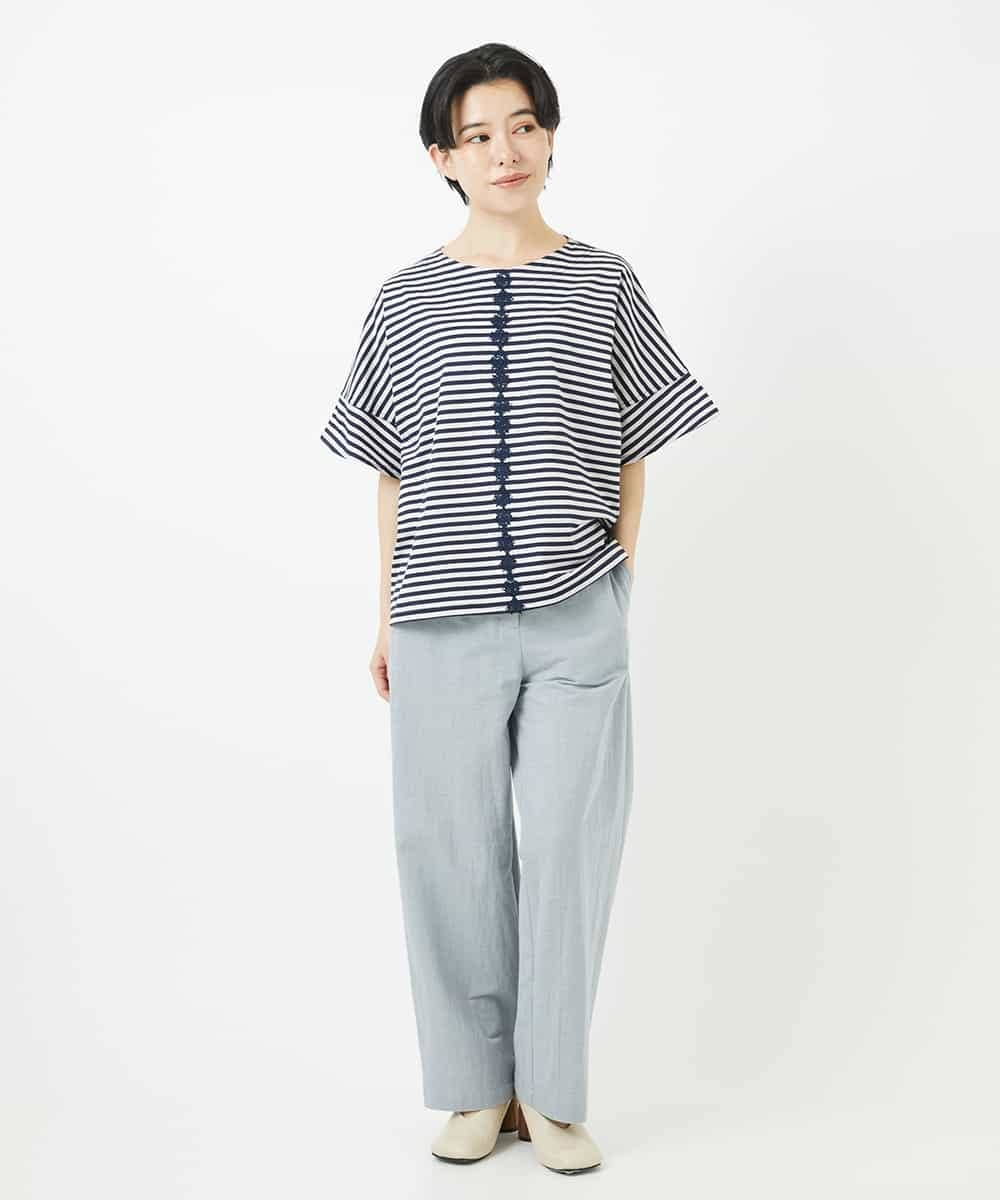 NHKGA31250 GIANNI LO GIUDICE(小さいサイズ)(メゾン ドゥ サンク) [日本製]レースデザインボーダーカットソー ベージュ×ブラック