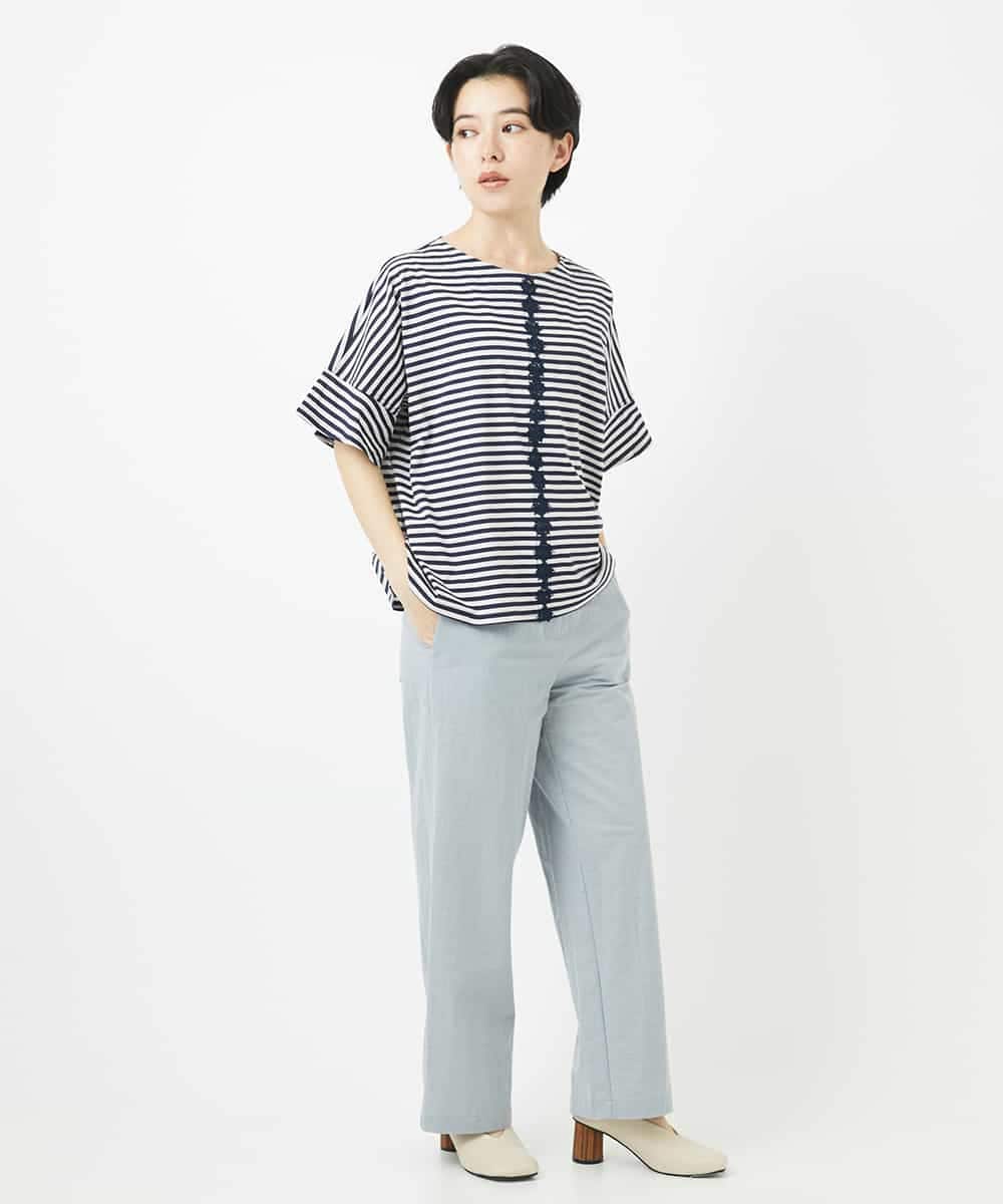 NHKGA31250 GIANNI LO GIUDICE(小さいサイズ)(メゾン ドゥ サンク) [日本製]レースデザインボーダーカットソー ベージュ×ブラック