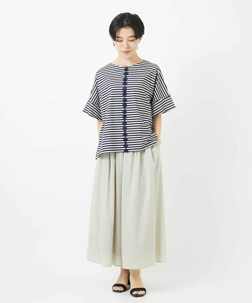 NHKGA31250 GIANNI LO GIUDICE(小さいサイズ)(メゾン ドゥ サンク) [日本製]レースデザインボーダーカットソー ベージュ×ブラック