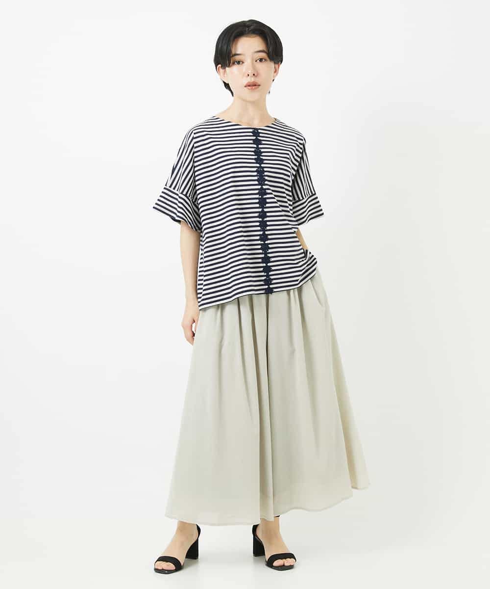 NHKGA31250 GIANNI LO GIUDICE(小さいサイズ)(メゾン ドゥ サンク) [日本製]レースデザインボーダーカットソー ベージュ×ブラック