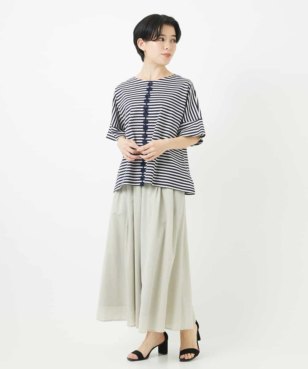 NHKGA31250 GIANNI LO GIUDICE(小さいサイズ)(メゾン ドゥ サンク) [日本製]レースデザインボーダーカットソー ベージュ×ブラック