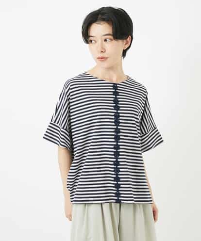 Maison de CINQ(メゾン ドゥ サンク) [日本製]レースデザインボーダーカットソー ライトグレー/灰 36