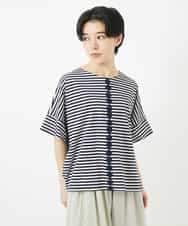 NHKGA31250 GIANNI LO GIUDICE(小さいサイズ)(メゾン ドゥ サンク) [日本製]レースデザインボーダーカットソー ライトグレー×ネイビー