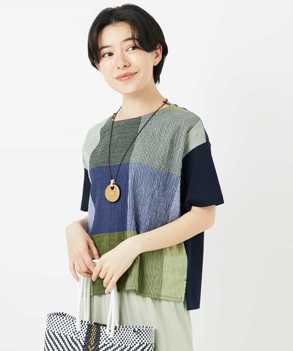 NHKGA40270 GIANNI LO GIUDICE(小さいサイズ)(メゾン ドゥ サンク) [日本製]コットンレーヨンランダムチェックブラウスカットソー グリーン系