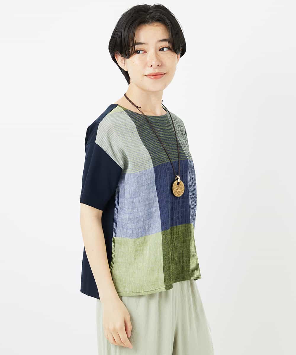 NHKGA40270 GIANNI LO GIUDICE(小さいサイズ)(メゾン ドゥ サンク) [日本製]コットンレーヨンランダムチェックブラウスカットソー グリーン系